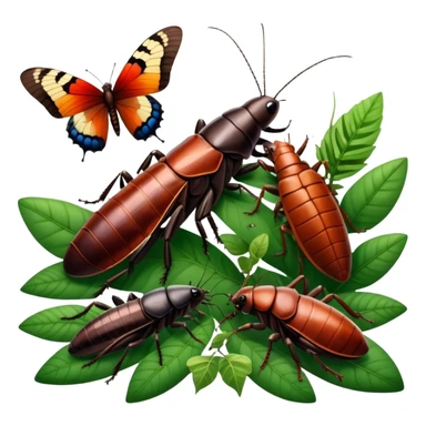 Close-up of giant Madagascar hissing cockroaches, butterflies, and stick insects in their natural habitat. The insects are shown in detail, highlighting their unique textures and colors, surrounded by plants and leaves. Soft lighting to enhance their features. Transparent background. sticker