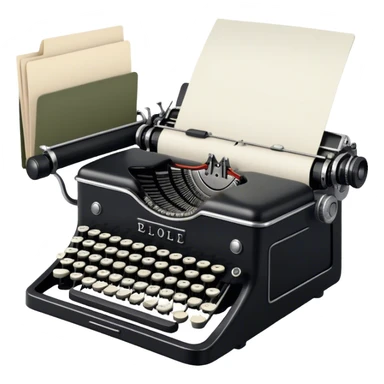 Create an emoji representing screenwriting. The design should feature an open script with visible dialogue and action lines, symbolizing the writing of a screenplay. Include a classic typewriter or modern writing device, such as a laptop, to signify the creative process. Place an old-style film camera next to the script to emphasize the cinematic connection. Use a professional color palette with black, white, and subtle metallic tones. Do not include any emojis or smiley faces. Make the background transparent sticker