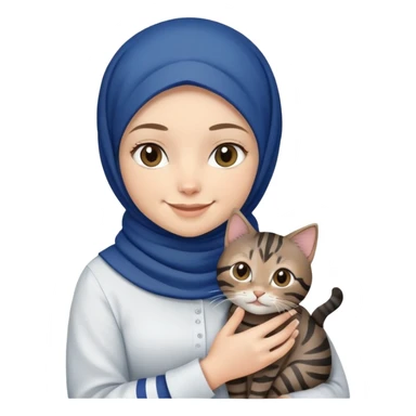 White girl wearing dark blue hijab with white shirt smiling while holding a black grey brown stripes tabby cat sticker