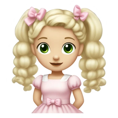Little  babygirl with White skin, green eyes. Light blonde hair in two ponytails, with light pink bows.  She is wearing a light pink and White dress, holding a teddybear with a pink bow. sticker