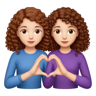 Emoji of two sisters, a brunette with straight hair and a chestnut-haired girl with curly hair, making a heart with their hands sticker