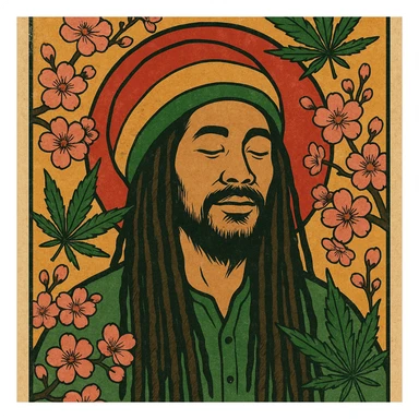 Vintage poster of an Asian Rasta with long dreadlocks, peaceful eyes, and a red-gold-green tam. Surrounded by cherry blossoms and ganja leaves. Background blends Rasta colors into an Asian flag (e.g., red sun from Japan or Chinese star). Retro reggae fusion vibe, with bold lines and aged paper texture.
 sticker