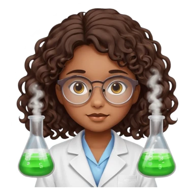bratz doll with long loose curly dark brown hair, glasses that are round cat eye vibes, in a lab coat mixing beakers that glow shes a 4th grade girl sticker