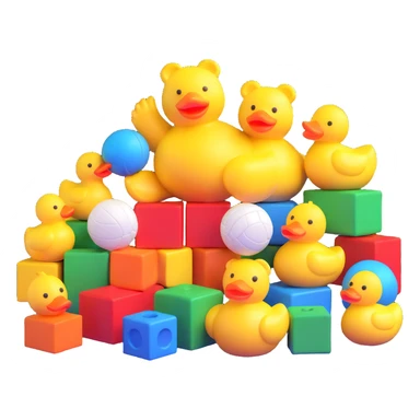 Colorful toys scattered together - teddy bear, rubber duck, toy blocks, ball, and action figures sticker