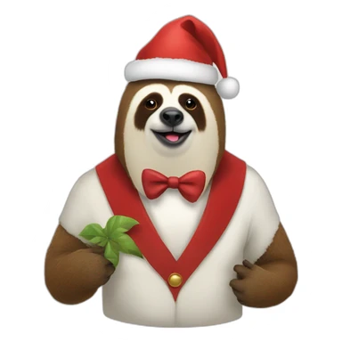 Santa Claus with a sloth on his shoulder and the sloth has a bow tie sticker