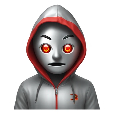 A silver human with red laser beam coming out of eyes , wearing a hoodie with red bitcoin logo sticker
