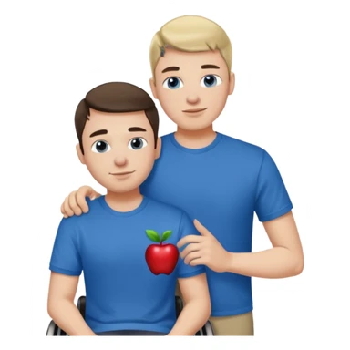 A guy in a blue Apple T-shirt, helping a disabled person who is ugly sticker