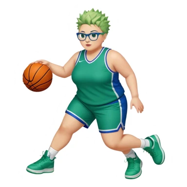FULL BODY PLUS SIZE  WHITE women with short hair SPIKEY HAIR and glasses playing basketball IN BLUE AND GREE UNIFORM NO WRITING sticker