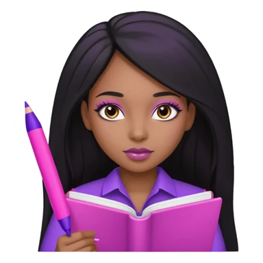 Une fille noir au cheveux lisse qui est entrain d’écrire avec un stylo rose sur un cahier violet cheveux long et lisse avec des jolis yeux et un beau makeup sticker