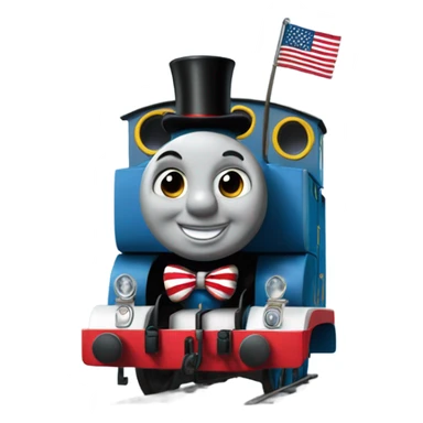 thomas the tank engine wearing a suit with an American flag sticker