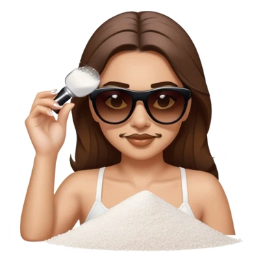 White woman with brown hair posing as salt bae with sunglasses. She is sprinkling salt on top of a pile of makeup sticker