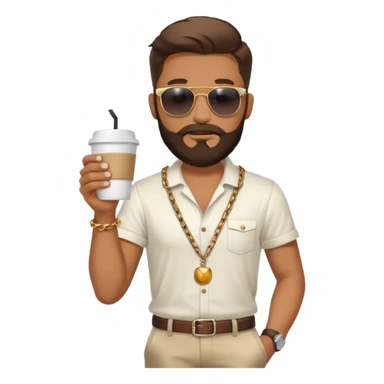 stylish bearded male traveler with coffee cup on hand, cool sun glasses with chain strap, white shoes, sticker