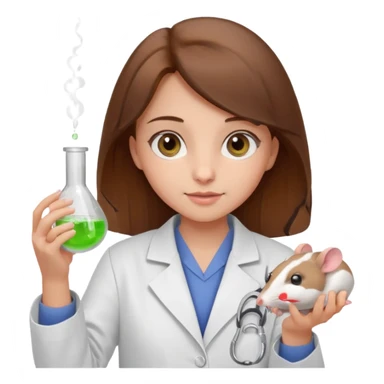 a cute brown haired girl with hazel eyes holding a white mice in hand doing experiment in lab sticker