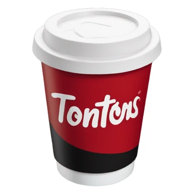“Red Tim Hortons coffee cup with bold white script logo, black plastic lid, and smooth, minimalist design.” sticker