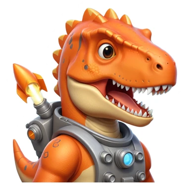 rocket-propelled dinosaur portrait, head and shoulders only, cute T-rex face, rocket pack visible behind shoulders, glowing thrusters, 3D cartoon, mobile game icon style, clean background, no text, no watermark sticker