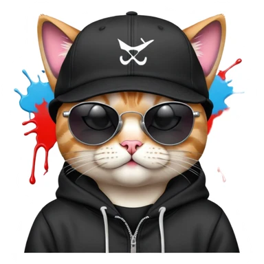 cat wearing a black snapback cap and black hoodie, with black sunglasses positioned low on his nose, winking one eye while looking directly at the viewer over the top of his sunglasses with a mischievous expression, doing graffiti with spray paint sticker