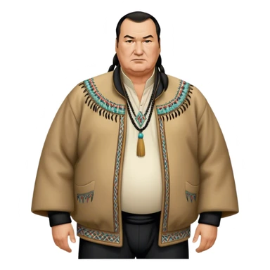 unhealthy steven segal show entire-body balding with ponytail. pot belly. native american style jacket-with-tassles black pants big belly sticker
