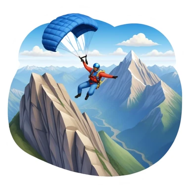 A base jumper soaring through the air, parachute deployed, flying off a steep mountain peak. The background is filled with majestic mountains, clear blue sky, and distant clouds, capturing the exhilarating thrill and beauty of extreme sports. sticker