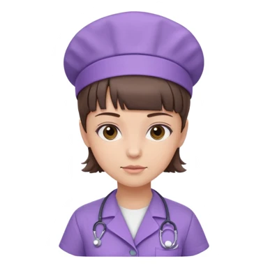 A young female slim nurse with short Brown hair with fringe over her forehead, wearing larvendar purple working cloth, without hat sticker