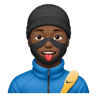 black guy with nike ski mask on squinching his face with his lips puckered trying to hold his laugh with his eyes closed sticker