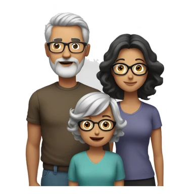 Familiy Group. Dad with grey short hair. Mother with brown shoulder long hair. Son with shorter black hair and beard. Everyone is wearing glasses sticker