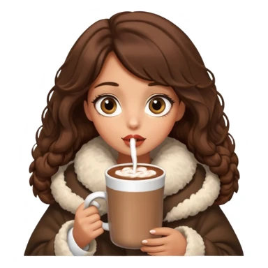 Tanned Girl with lashes , brown hair, in an extremely big fluffy oversized coat and hold hot chocolate drink and big eyes, big lip sticker