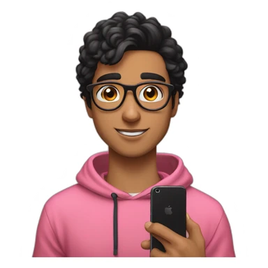 A young man wearing glasses, a pink hoodie, and black hair, holding a phone and next to him an Instagram account called emad24271. sticker