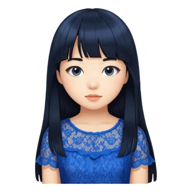 Long hair asian girl with curtain bangs with a blue lace top on with GG written sticker