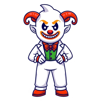 full-body demonic clown in a white leisure suit with bellbottom pants, bald, with black ram horns, flashy belt, ruffled shirt, no neck tie, cartoon sticker style sticker