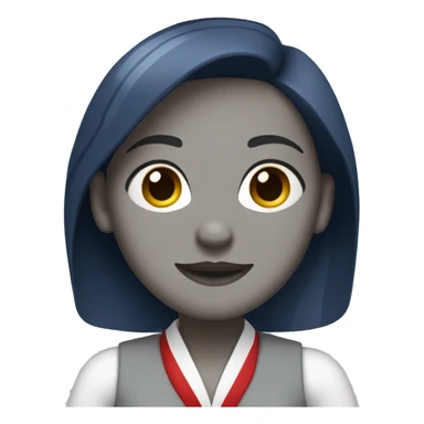 Flight attendant woman, back hair with a white shirt and light grey vest . The scarf is dark blue with a white and red stripe at the end sticker