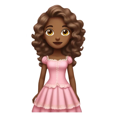 a brown skin girl standing wearing a rococo dress pink with the hairstyle of wavy long brown hair sticker