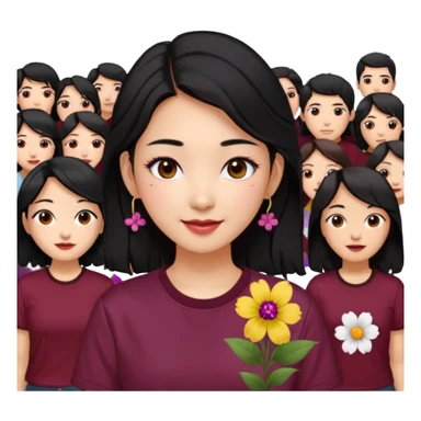 A Korean woman with messy and stylish black hair, a flower in her ear and an iconic Y2K shirt maroon and brown hazel eyes, makeup sweetie,A Style Vibe in the Crowd sticker
