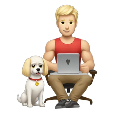 blonde muscly danish man with computer and poker and a small white dog sticker