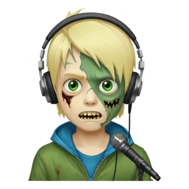 boy zombie whit blonde emo hair and eyes blue and GREEN SKIN and heandphones AND A MICROFONE and gold teeth sticker