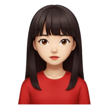 Korean girl, red top, black brown hair, brown eyes, long hair, cool girl, aesthetic, long hair, hime cut, blunt bangs sticker