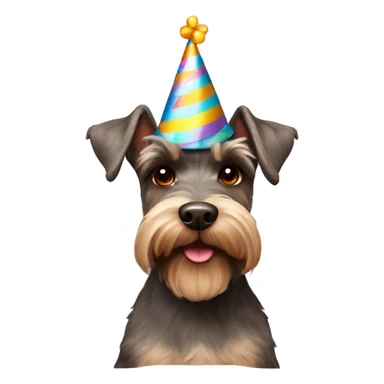 Brown schnauzer with a birthday hat sticker