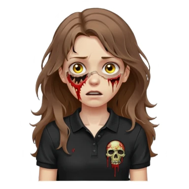 crie uma garota com ferimentos zoombie cabelo ondulado 2c longo castanho e blusa polo básica preta sticker