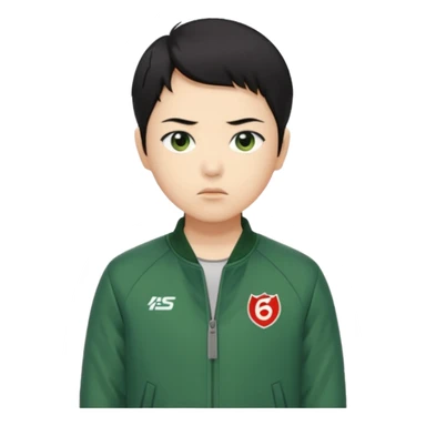Create a realistic portrait of Kang Sae-byeok (Player 067) with short black hair, green jacket & serious look. sticker