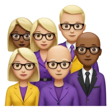 FIVE person team; 2 men and 3 women.  All dressed in yellow or purple.  Women have blonde and ash blonde hair.  1 man is black and bald, 1 man is caucasian and very little hair left.  All have glasses sticker
