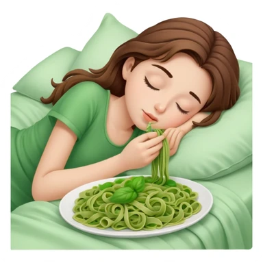 Brown haired girl eating green pasta asleep in bed sticker