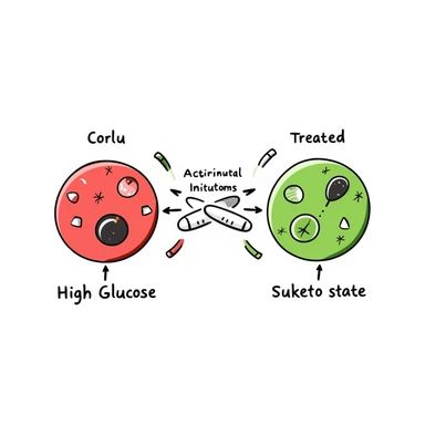 Anti-diabetic treatment visualization: hand-drawn diagram comparing high glucose state (red side) versus treated state (green side) with medication symbols, insulin receptors, and cellular glucose uptake. Colorful educational illustration with before/after comparison and labeled components. sticker