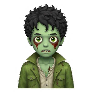 boy zombie with black curly hair, classic green skin, tattered clothes sticker