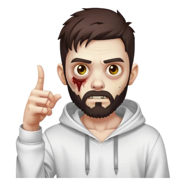 zombie pointing finger, undercut hairstyle with dark brown hair, short full beard, wearing plain white hoodie sticker