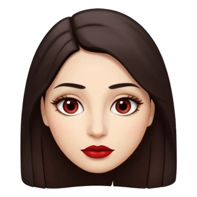 A woman emoji with fair skin, long straight dark brown hair parted in the middle, an oval-shaped face, arched dark eyebrows, almond-shaped brown eyes, a small nose, and full lips colored with deep red lipstick. sticker