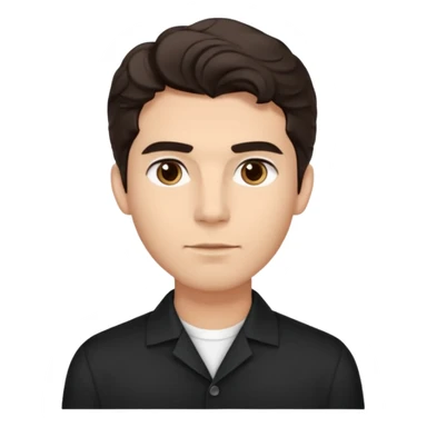 He’s a man with light to medium skin, a defined oval face, full brows, deep-set eyes, and wavy short dark brown tall hair styled with height, sides are trimmed. expression calm and focused relaxed black open-collar .polished, articulate, and coach vibe. sticker
