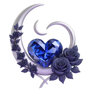 3D emoji gothic heart, midnight blue crystal, silver crescent moon, tiny black roses, mysterious and rich sticker