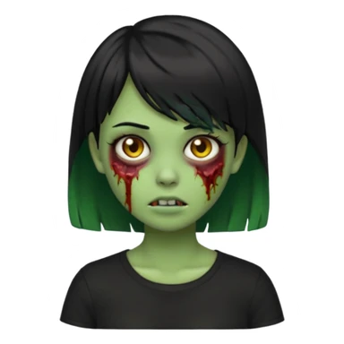 Emoji zombie girl verde com cabelo preto liso  curto com franja pro lado com uma blusa preta sticker