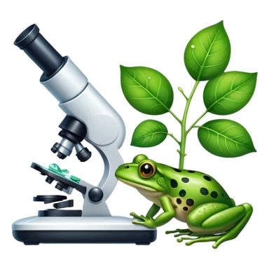 An icon featuring a DNA strand, a microscope with visible cells, and a green leaf, symbolizing biology. The design includes animal cells, plant structures, and a frog, representing the study of living organisms and ecosystems. Transparent background highlights life sciences and biological research. sticker