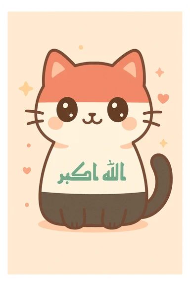 cute and expressive cat with clear Iraq flag details, vibrant colors, friendly and adorable sticker