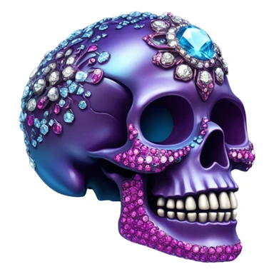 Realistic isolated metallic ornate dark purple,magenta,light blue,and hot pink filigree skull decorated with shiny diamonds and rhinestones.  sticker